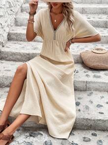 SHEIN LUNE 女款蝙蝠袖百褶連身裙 - 杏色 - 查看 1