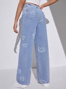 SHEIN Teen Girl Spring Break Floral Print Slant Pocket Straight Leg Jeans,For Spring Summer Boho Girls Clothes Outfits - Light Wash - View 2