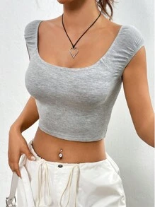 SHEIN EZwear 女式大圓領短版 T 卹 - 灰色 - 查看 1