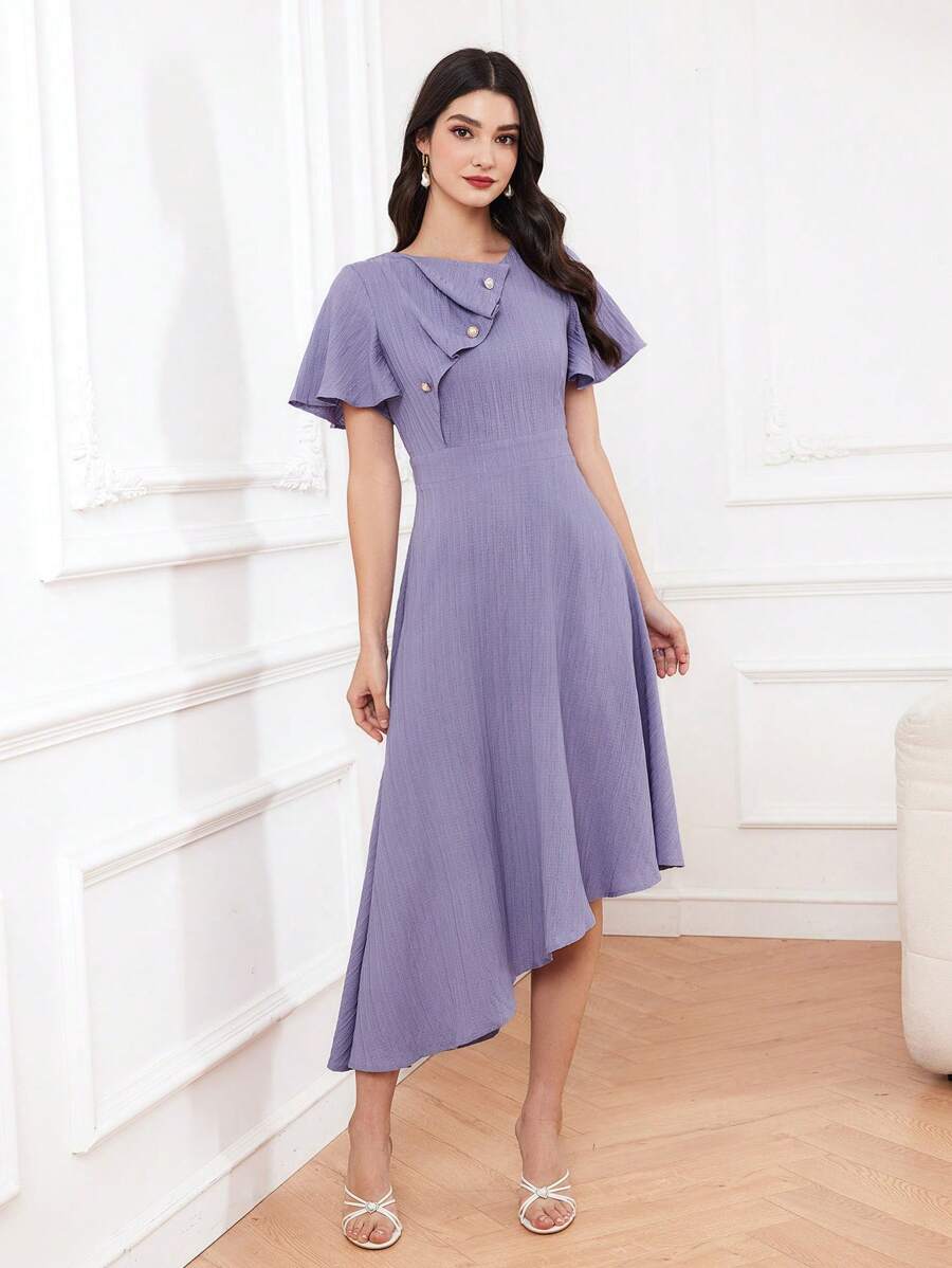Modelyn Women's Decorative Button Asymmetrical Hem Ruffle Hem Dress - Purple - View 1