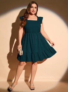 SHEIN LUNE Robe Grande Taille À Volants D'ourlet Et Encolure Carrée De Couleur Unie - Bleu canard - Voir 3