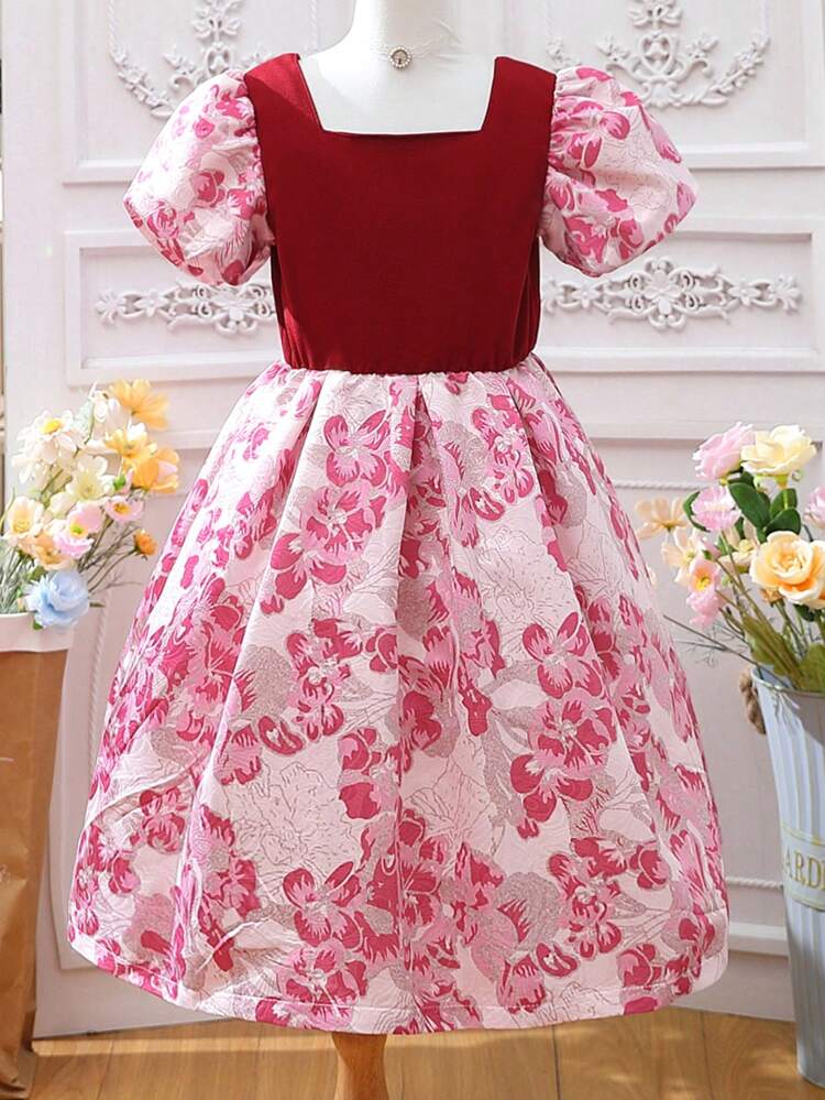 Tween Girl's Color Block Flower Print Patchwork Bubble Sleeve Party Dress