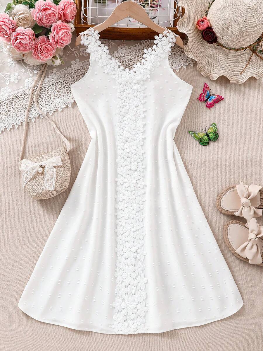SHEIN Cô gái Ren Cắt tỉa Trang trí Đầm - trắng - Xem 1