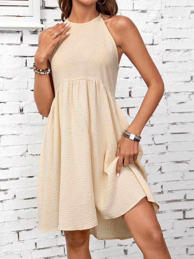 Solid Color Textured Halter Neck Dress
