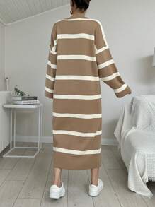 EURMUSE Women's Striped Drop Shoulder Sweater Dress - Brown - View 2