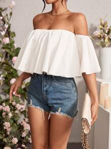 Chiquease Màu thuần Hình-quạt Xích đu Off Shoulder Áo sơ mi - trắng - Xem 5