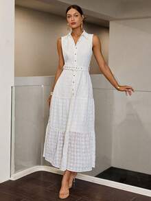 Sollinarry 女士夏季休闲度假刺绣无袖单排扣长裙，音乐节，可爱