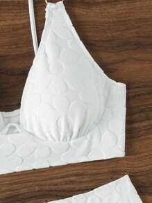 SHEIN Swim Summer Women's Flocked Design Bikini Set With Round Ring Connection, Two-Piece - White - View 3