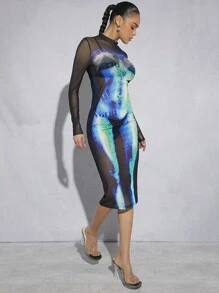 SHEIN Haute Body Heat Map Newspaper Print Dress - Multicolor - View 3