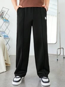 SHEIN Teen Boy's Loose Weave Label Straight Tube Knit Pants For Street Sports, Spring & Summer - Black - View 4