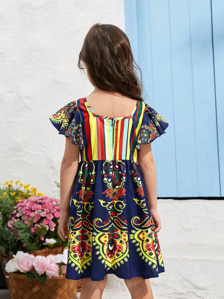 Young Girl Retro Pattern Print Square Neck Flounce Sleeve Dress