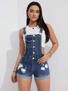 SHEIN EZwear Mono Corto De Mezclilla Desgastado Para Mujer - Azul lavado medio - Ver 5