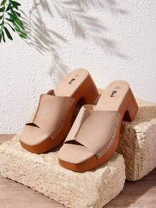 SHEIN Women's Square Toe Chunky Heel Sandals - Apricot - View 2