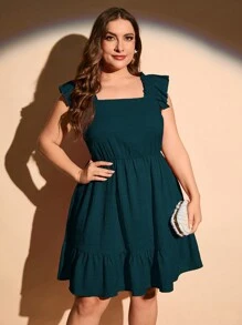 SHEIN LUNE Robe Grande Taille À Volants D'ourlet Et Encolure Carrée De Couleur Unie - Bleu canard - Voir 5