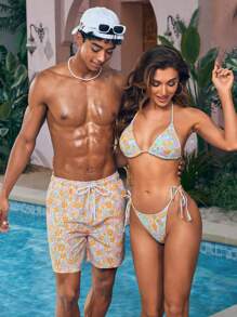 Manfinity 男士花卉图案印花沙滩短裤，带斜口袋，情侣款泳池短裤，适合海滩、度假 - 黃色 - 查看 1