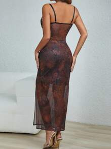 Allurite Vintage Printed High Slit Spaghetti Strap Dress