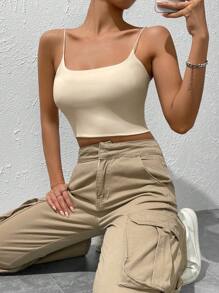 SHEIN EZwear Ladies' Solid Color Basic Camisole Tank Top - Apricot - View 6