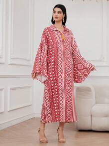 Al Najma Women's Turkish Long Shirt Kaftan With Geometric Full Print And Flared Sleeves - Pink - View 6