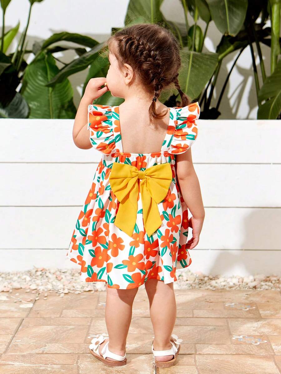 SHEIN Váy bé gái thường ngày ngày lễ họa tiết hoa Colorblock Bowknot Flutter Tay áo - trái cam - Xem 1