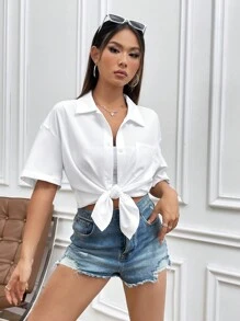 Flirla Áo sơ mi trắng tay ngắn màu trơn dành cho nữ, Áo tay ngắn - trắng - Xem 5