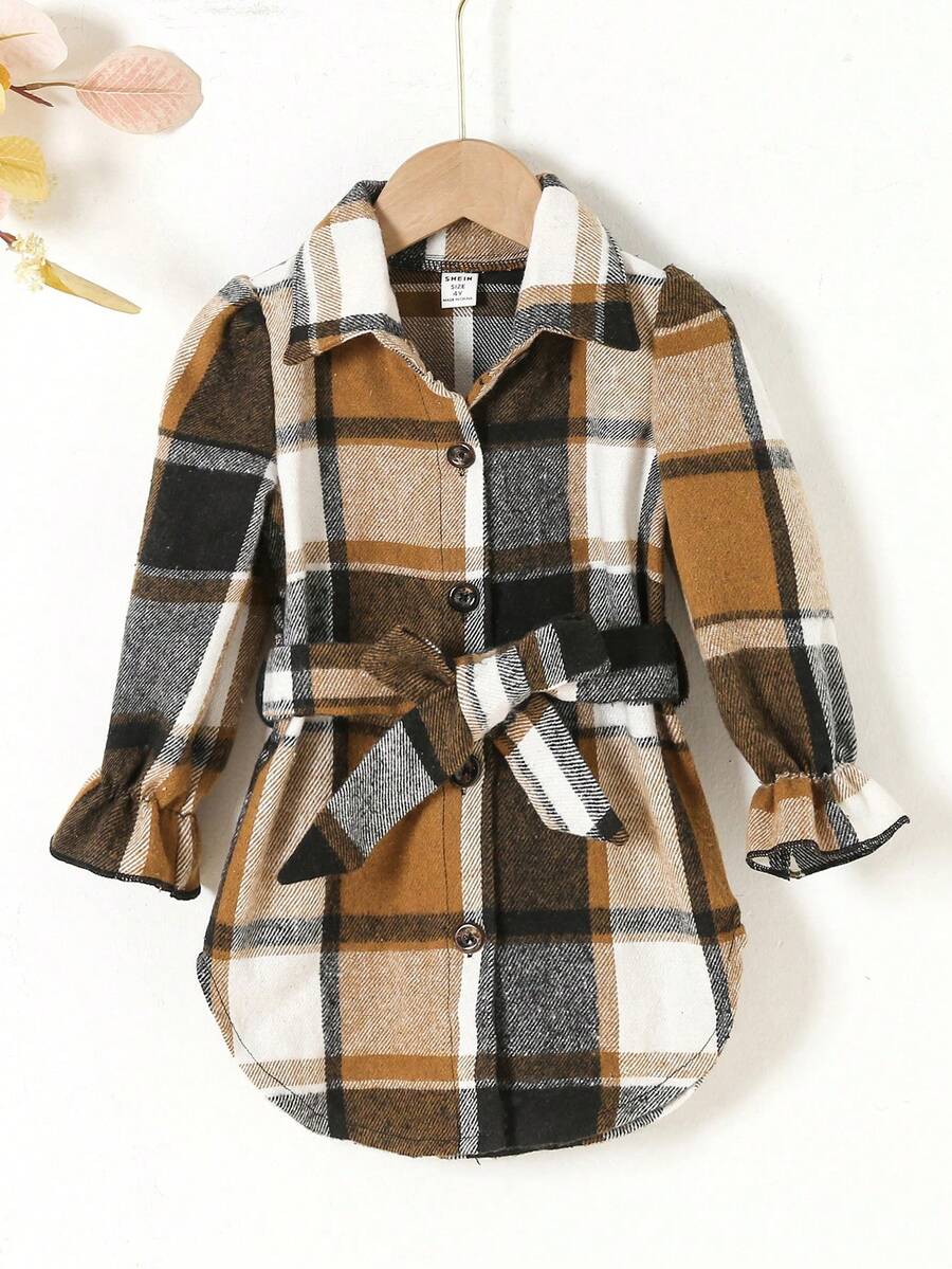 年輕女孩格紋圖案阔腿袖腰帶襯衫連衣裙 - 咖啡棕 - 查看 1
