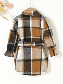 年輕女孩格紋圖案阔腿袖腰帶襯衫連衣裙 - 咖啡棕 - 查看 2