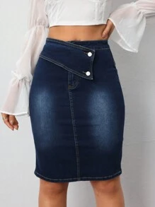 女式不对称腰带水洗牛仔铅笔裙 - 中等水洗藍 - 查看 1