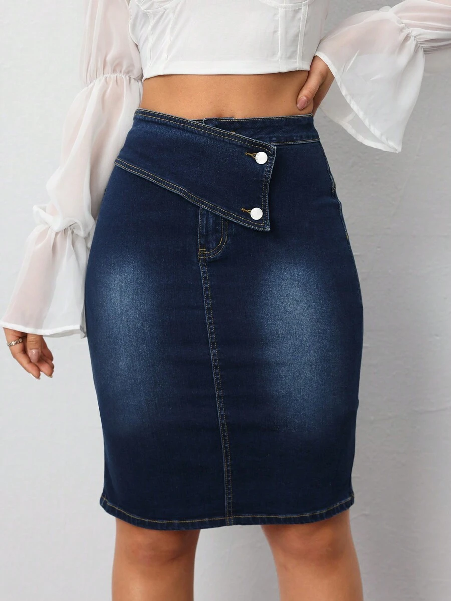 女式不对称腰带水洗牛仔铅笔裙 - 中等水洗藍 - 查看 1