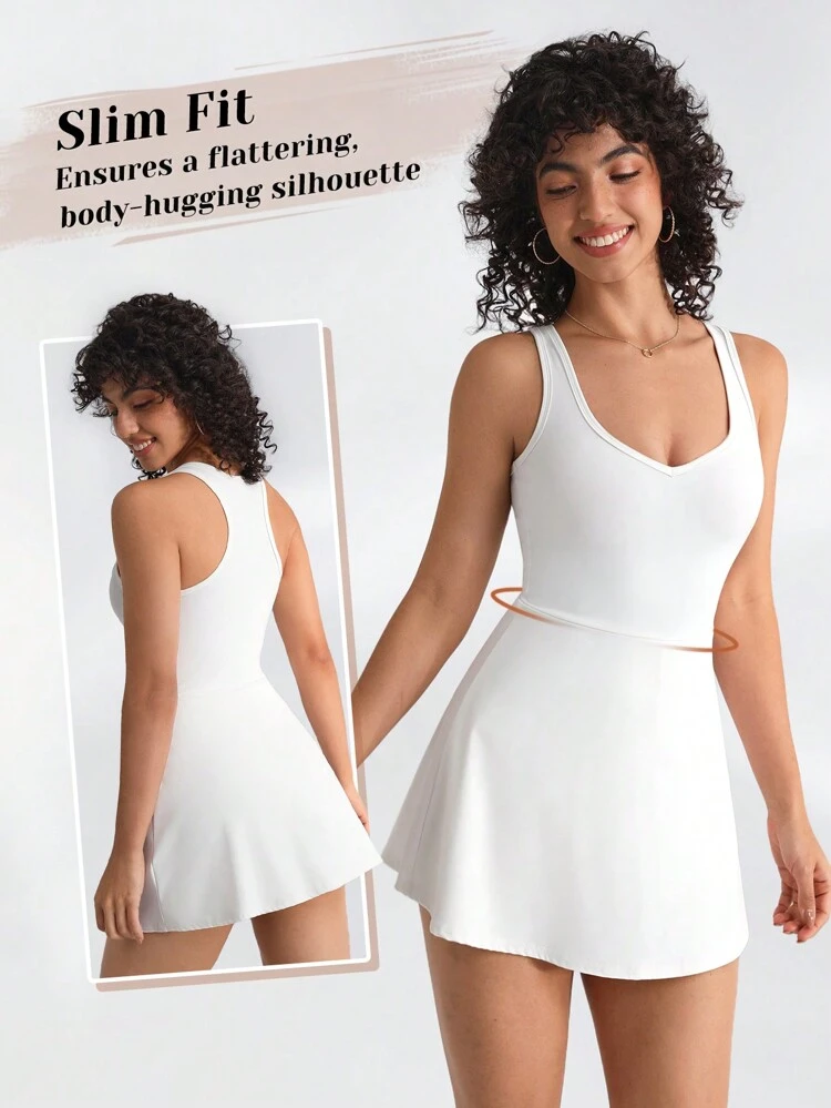 Ladies' Solid Color Athletic One-Piece Dress With Round Neckline Sport Dress