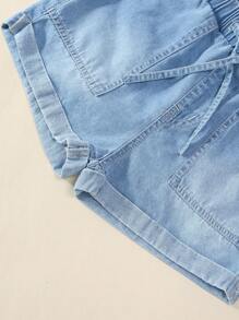 SHEIN Tween Girls' College Style Casual Loose Comfortable Soft Denim Top And Shorts 2pcs/Set - Light Wash - View 8