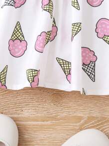 SHEIN 寶寶女孩可愛冰淇淋卡通圖案拼色無袖裙，饅頭邊飾和腰帶 - 粉色 - 查看 5