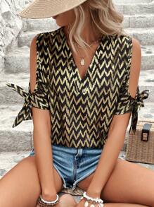 SHEIN LUNE Women's Shirt With Shiny Golden Stripe - Black - View 1