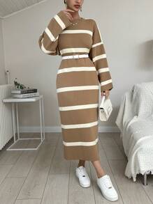 EURMUSE Women's Striped Drop Shoulder Sweater Dress - Brown - View 1