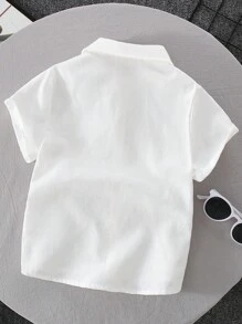 SHEIN Young Boy Casual College Style Festival Versatile Lapel Weave Decoration Patch Pocket Shirt, Suitable For Festive Gatherings, , School, Spring And Summer - White - View 2