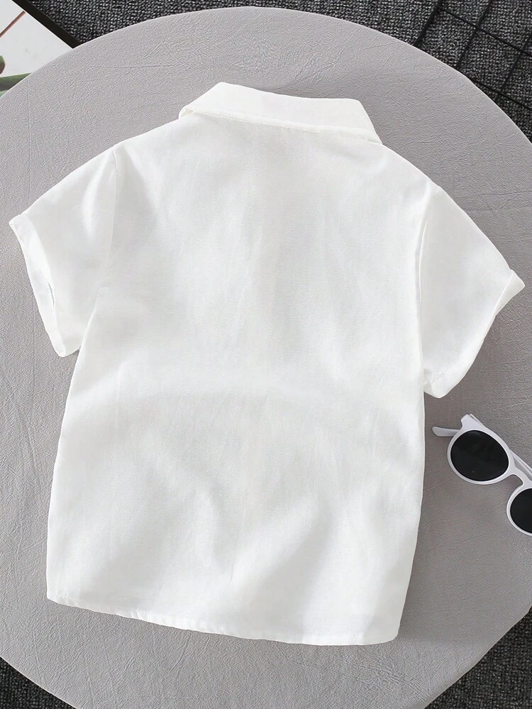 Young Boy Casual College Style Festival Versatile Lapel Weave Decoration Patch Pocket Shirt, Suitable For Festive Gatherings, , School, Spring And Summer