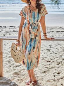 EMERY ROSE Vacation Casual Striped Ruched Waist Midi Dress