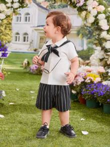 2pcs/Set Baby Boys Striped 2 In 1 Casual Short Sleeve Top And Shorts Outfit For Spring/Summer - Multicolor - View 6