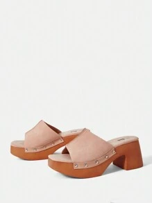 SHEIN Women's Square Toe Chunky Heel Sandals - Apricot - View 4