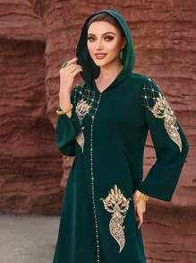 Al Najma Women's Modest Full Length Long Sleeve Emerald Green Hooded Djellaba Dress With Rhinestone Decor - Dark Green - View 2