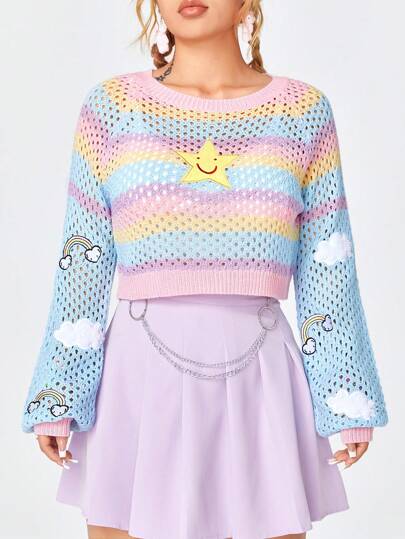 Kawaii Women's Star Embroidery Color Block Hollow Out Sweater