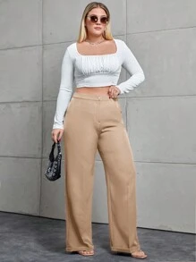 SHEIN Cottnline Kích thước lớn Của phụ nữ Màu thuần Đã bỏ túi Quần tây - màu nâu - Xem 3