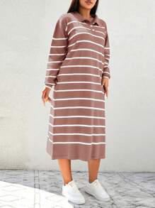 SHEIN Cottnline Plus Size Striped Drop Shoulder Sweater Dress - Dusty Pink - View 4
