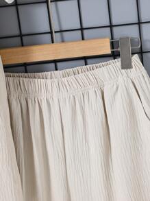 Teen Boy Solid Color Vest, Shorts And T-Shirt Suit With Texture Pattern - Khaki - View 5