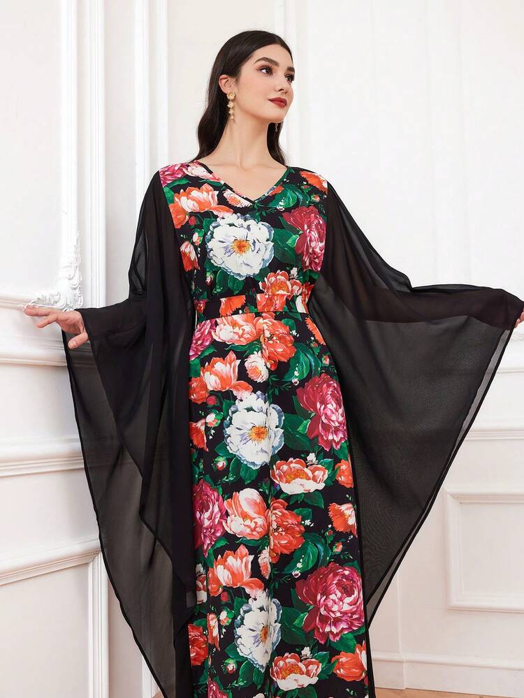 Flower Printed Patchwork Batwing Sleeve Dress Kaftan Jalabiya Dress