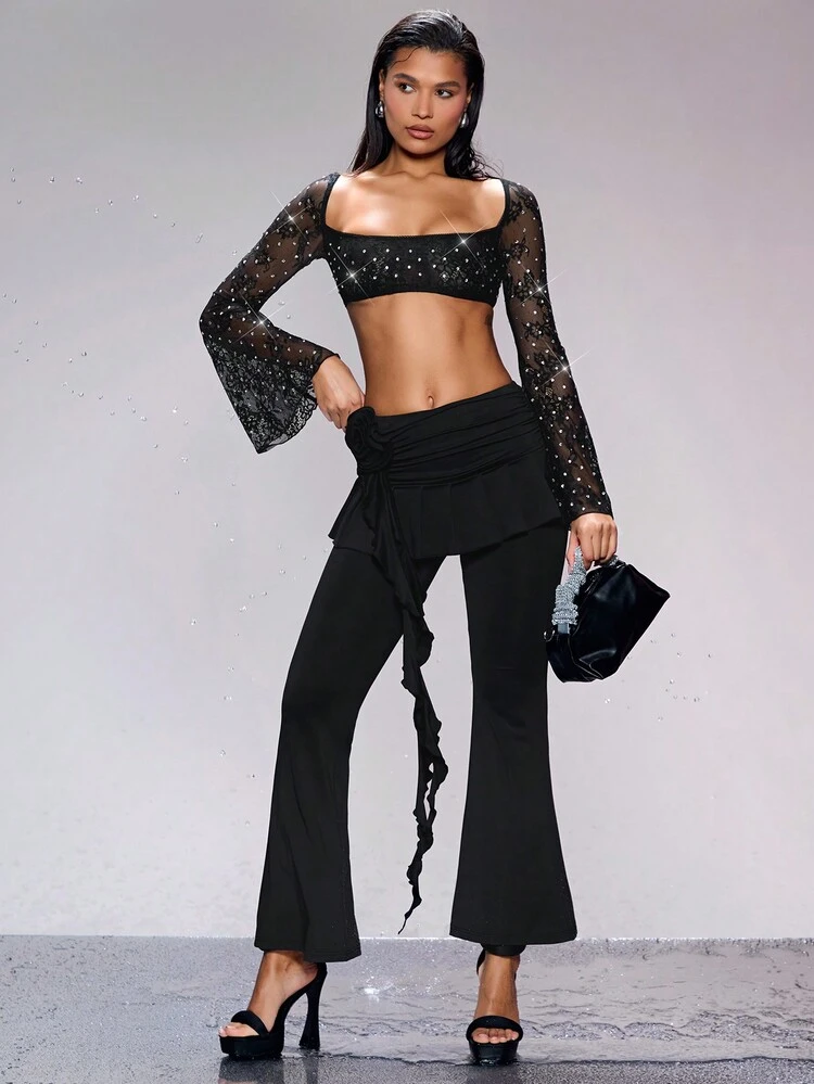 Women's Pleated 2-In-1 Flower Ruffle Super Low Waist Long Pants