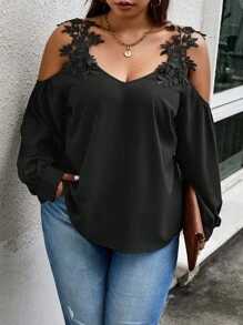 SHEIN Privé Plus Appliques Cold Shoulder Blouse - Black - View 4
