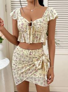 SHEIN Unity Dây rút Xu hướng: Cắt giảm Hoa Áo & Váy quấn Bộ - Màu vàng - Xem 4