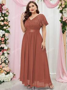 MIUSOL Plus Size Contrast Floral Lace Flounce Sleeve Chiffon Formal Evening Party Dress Wedding Guest Dress,Gown