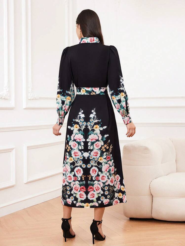Women's Floral Print Long Sleeve Shirt Dress