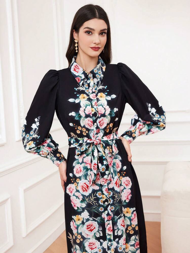 Women's Floral Print Long Sleeve Shirt Dress